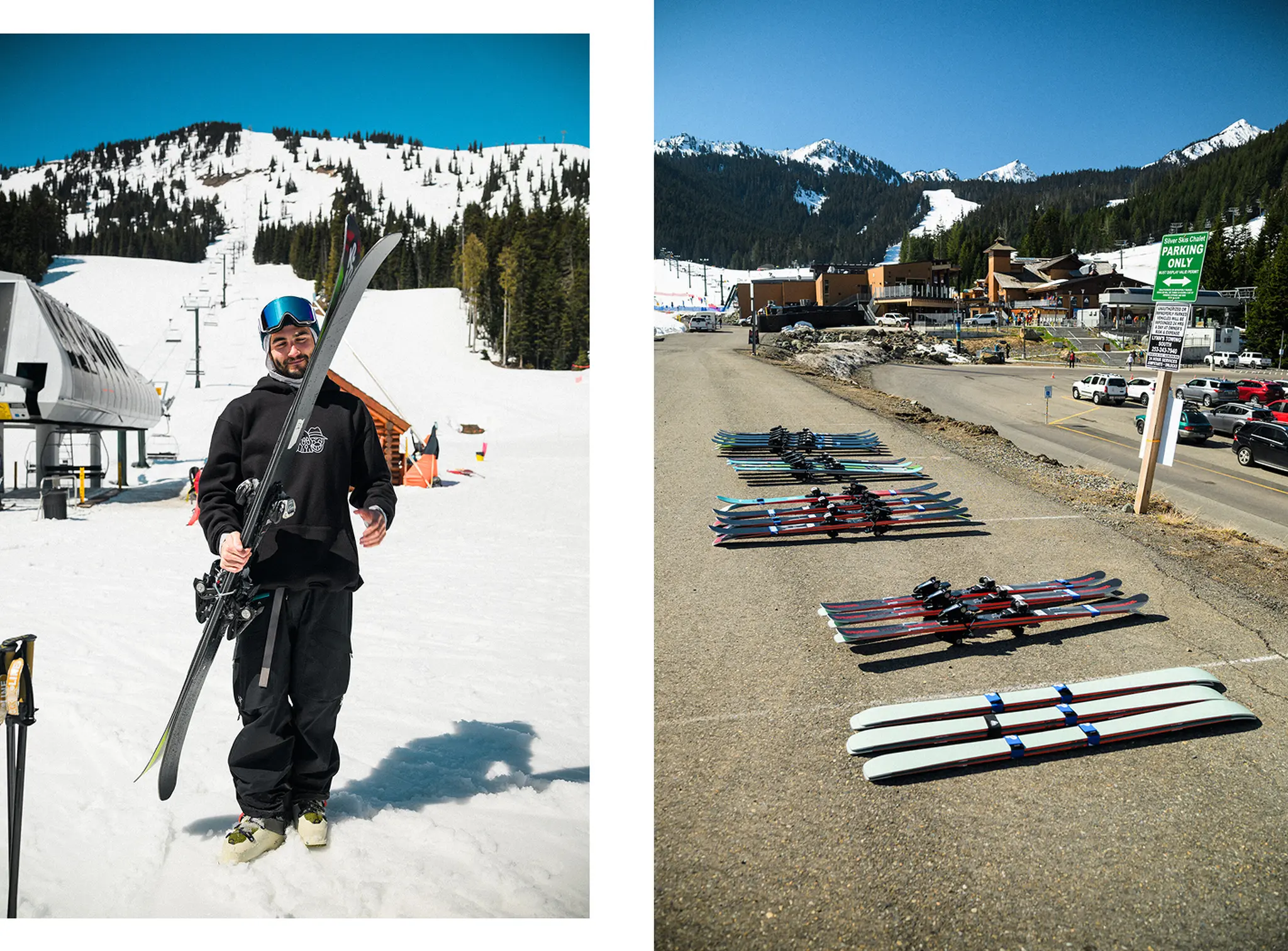 Two pictures showing a testing session of skis