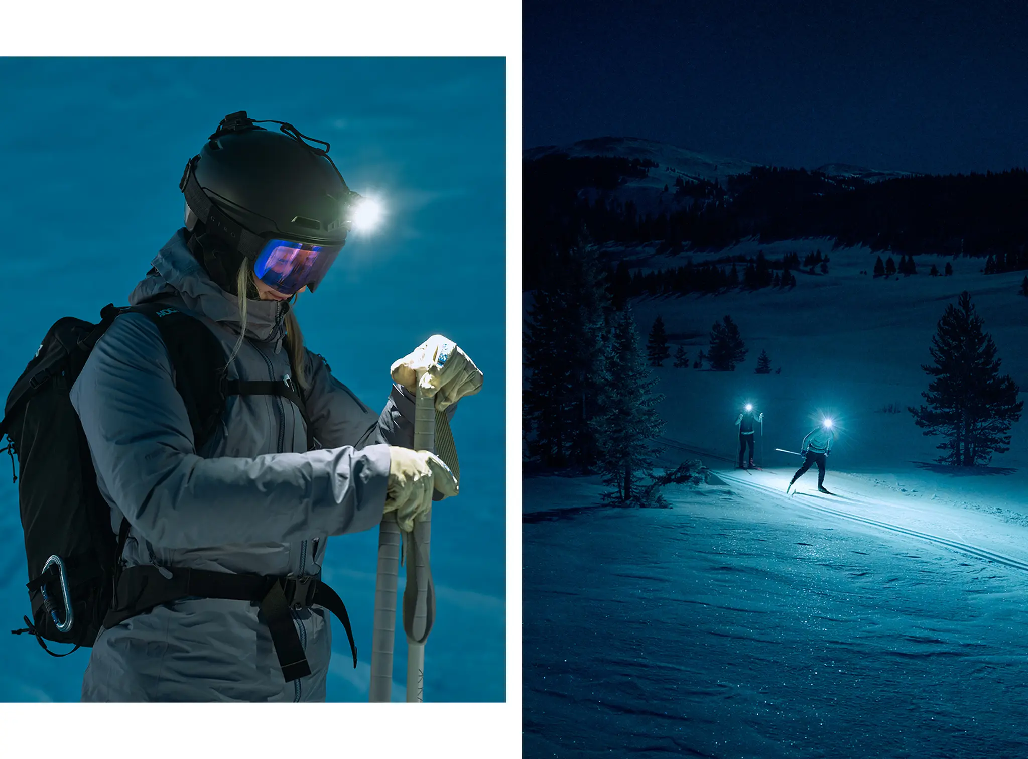 A person wearing ski gear and a headlamp; two people night skiing in a snowy, tree-lined landscape under a dark blue sky.