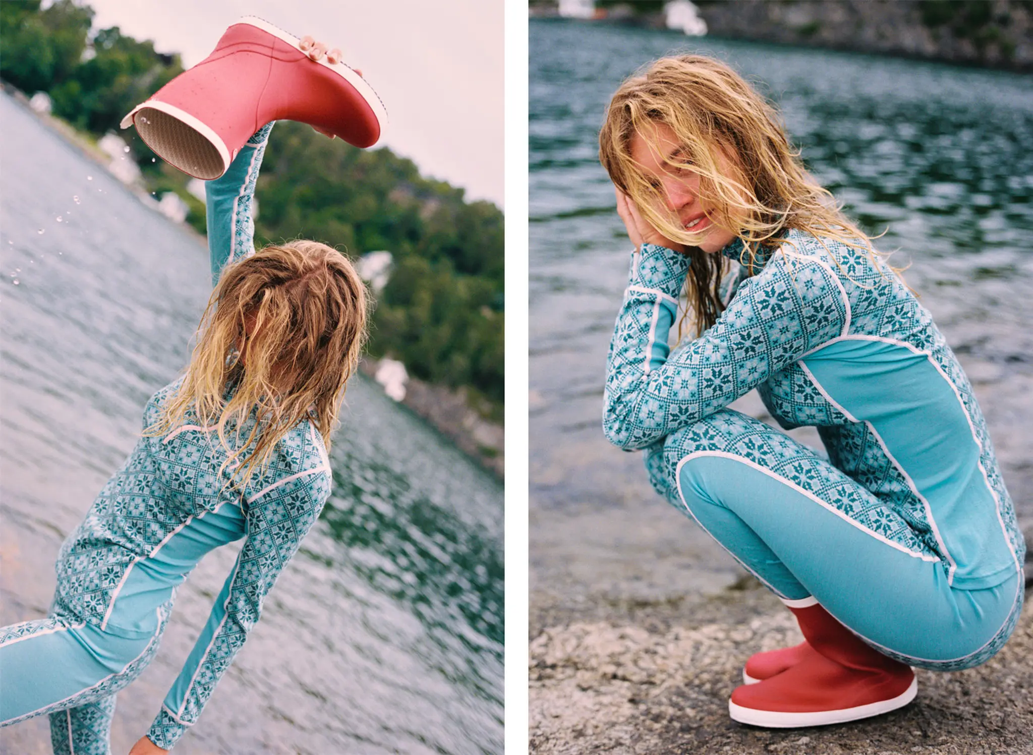 A person in a blue patterned outfit holds a red boot by the water, posing energetically, with damp hair, and another frame shows them crouching by the shore.