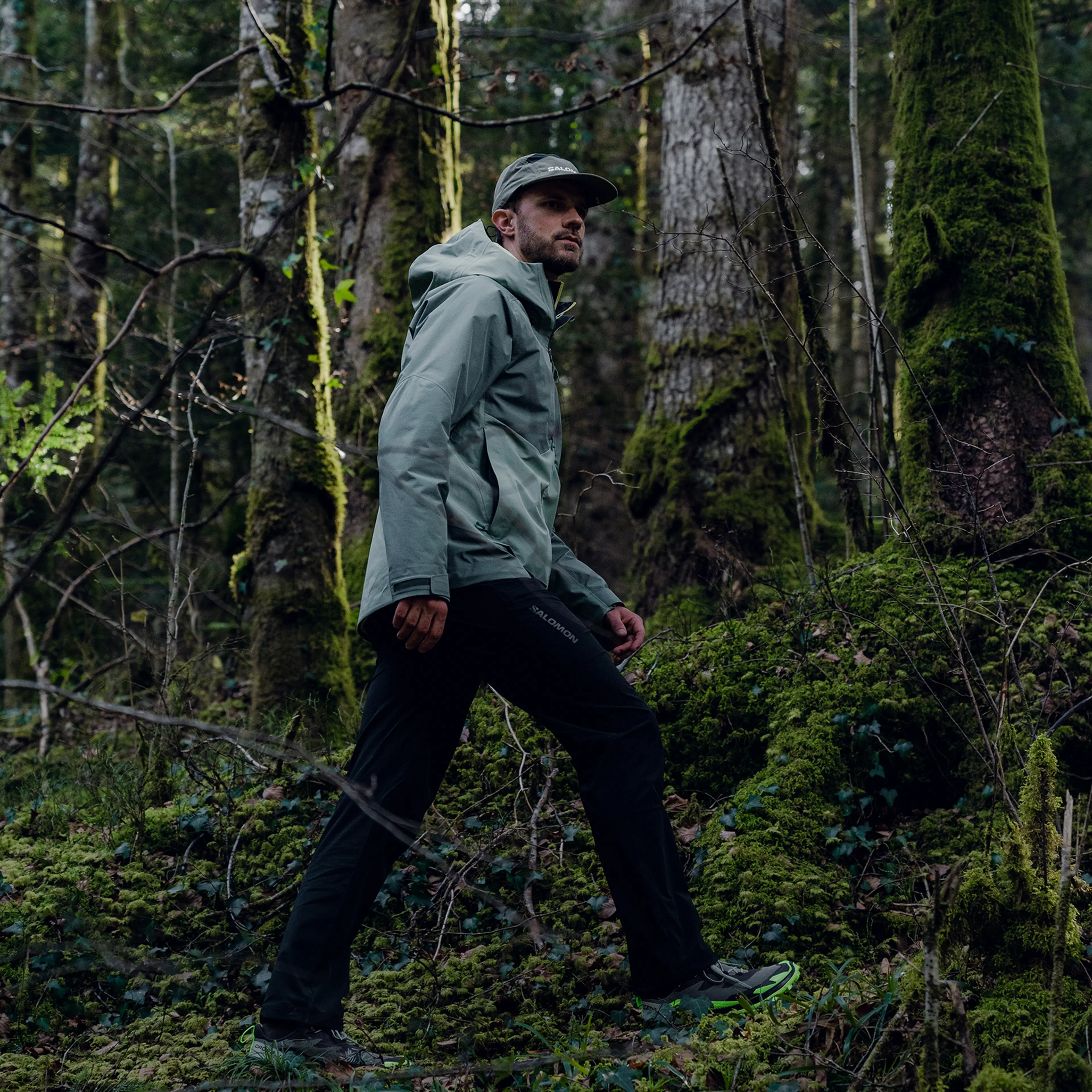 A person in outdoor gear walks through a lush, mossy forest, surrounded by tall trees and greenery.