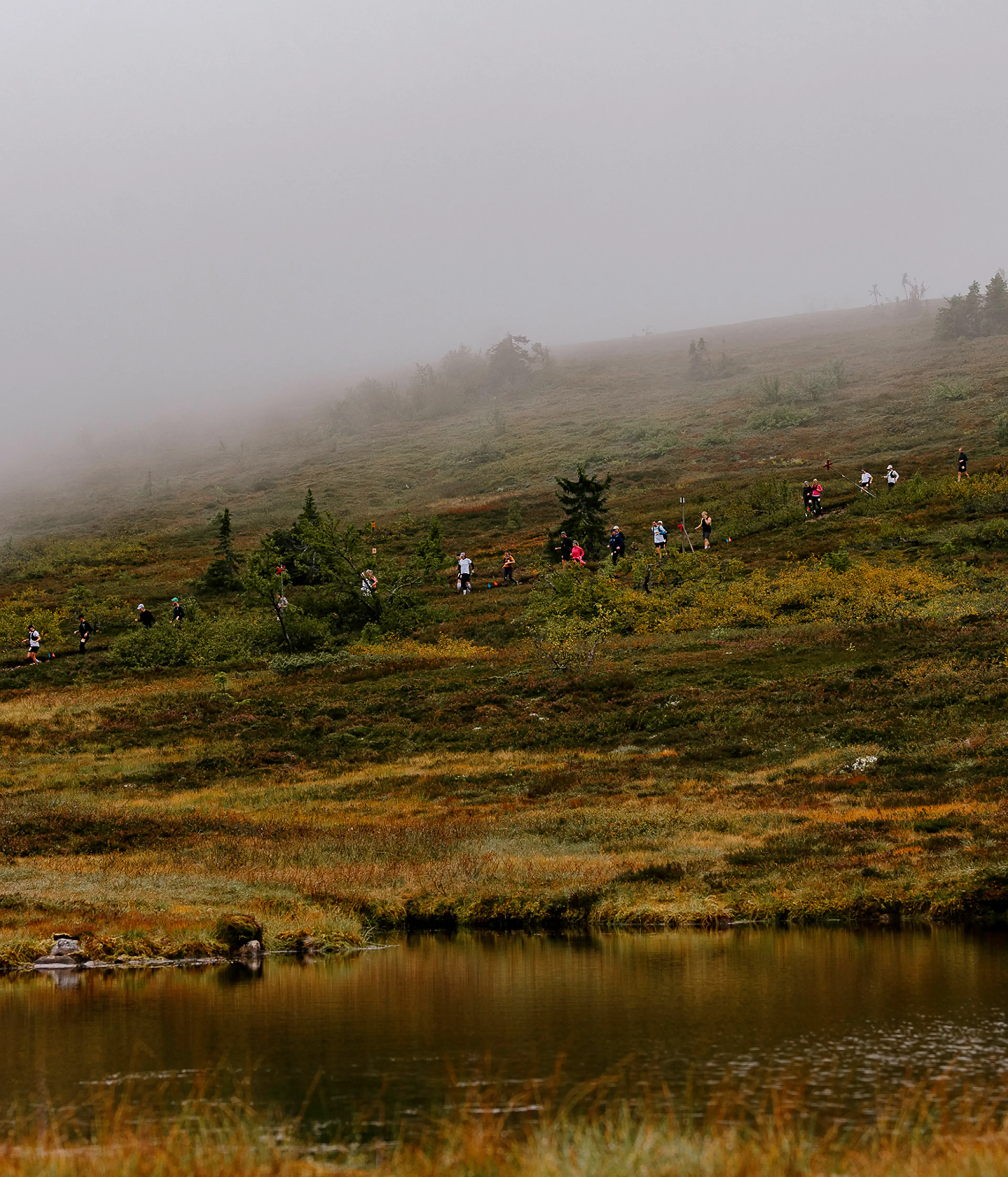 A group of hikers ascends a misty hillside covered in autumn foliage, with a calm lake in the foreground.