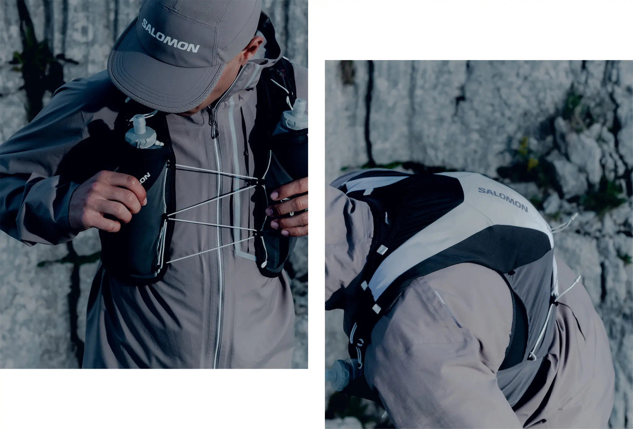 A person wearing a Salomon hydration vest adjusts the front straps, with two water bottles visible, against a rocky background.