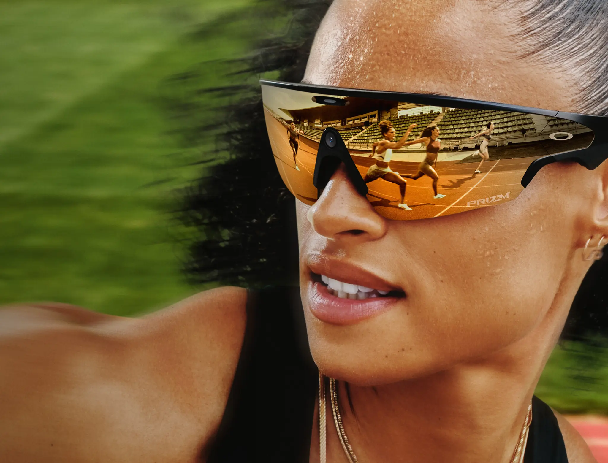 Close-up of a person wearing Meta AI glasses, showing a track running scene in the lens reflection with blurred background