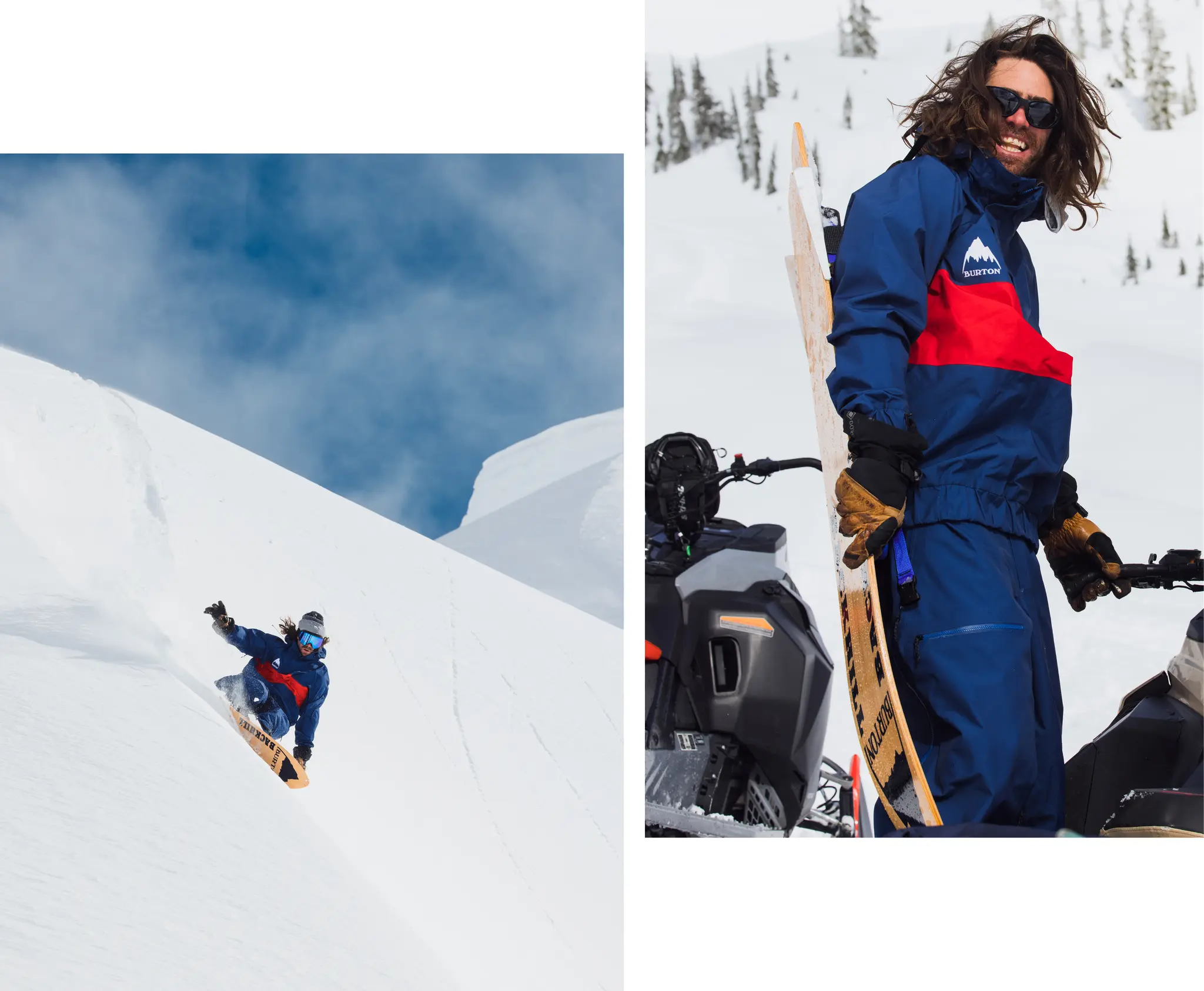 Person snowboarding down a snowy slope in blue and red gear; another image shows the same person standing next to a snowmobile, holding a snowboard.