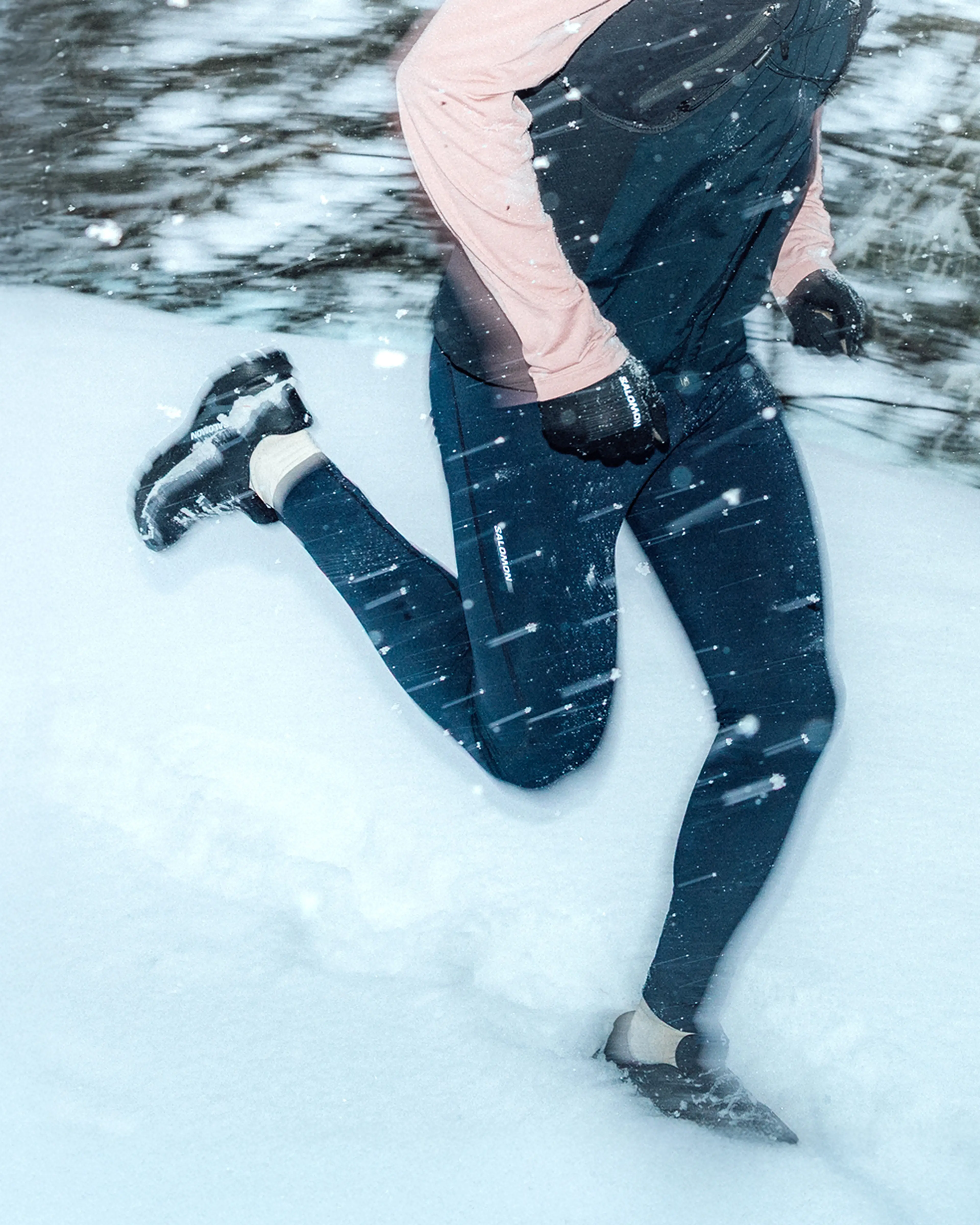 Close up on runner in snowy conditions