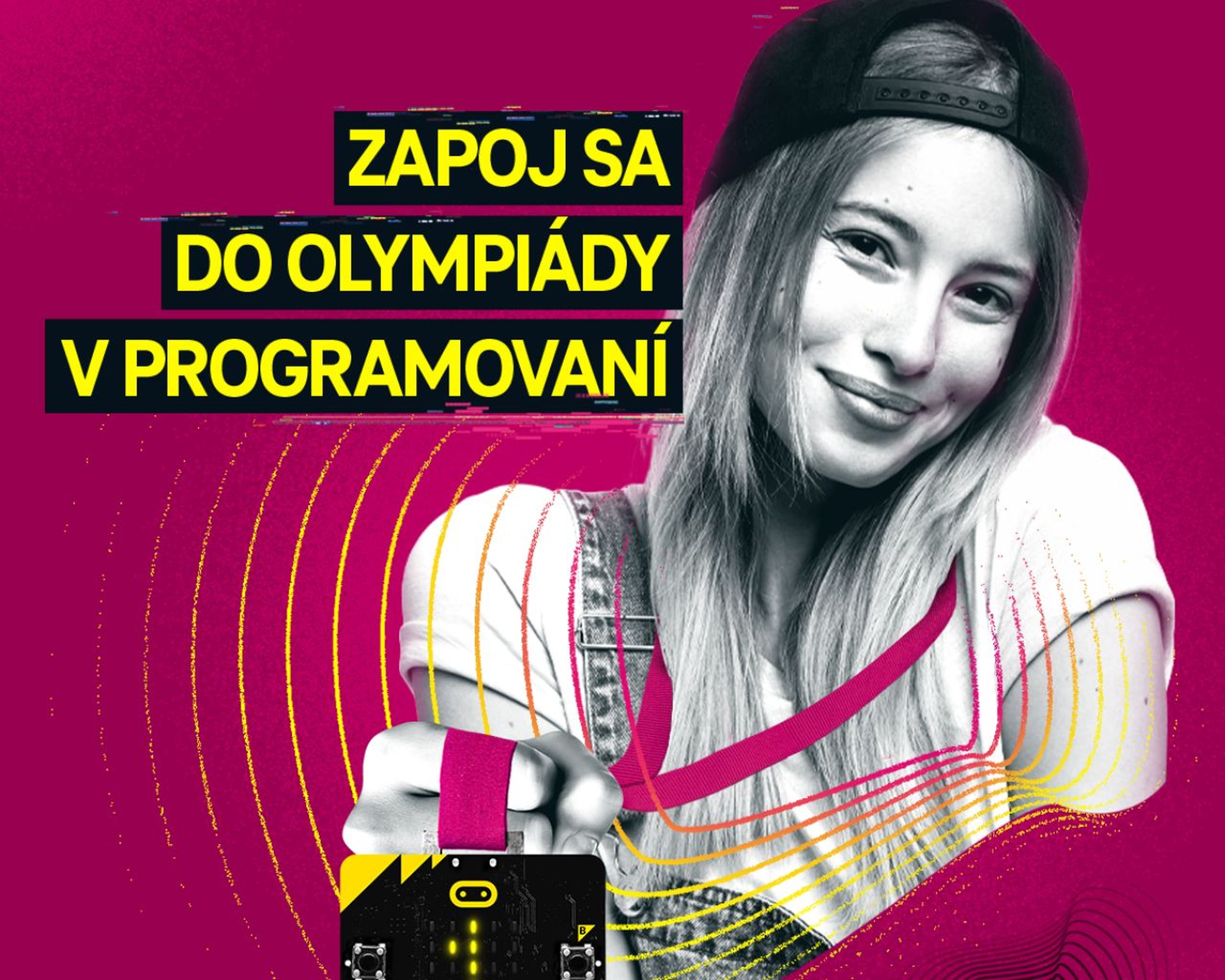Telekom odštartoval olympiádu v programovaní s micro:bitmi Usmievavá žena držiaca zariadenie micro:bit so slovenským textom propagujúcim programovaciu olympiádu. Ružové a žlté grafické prvky.