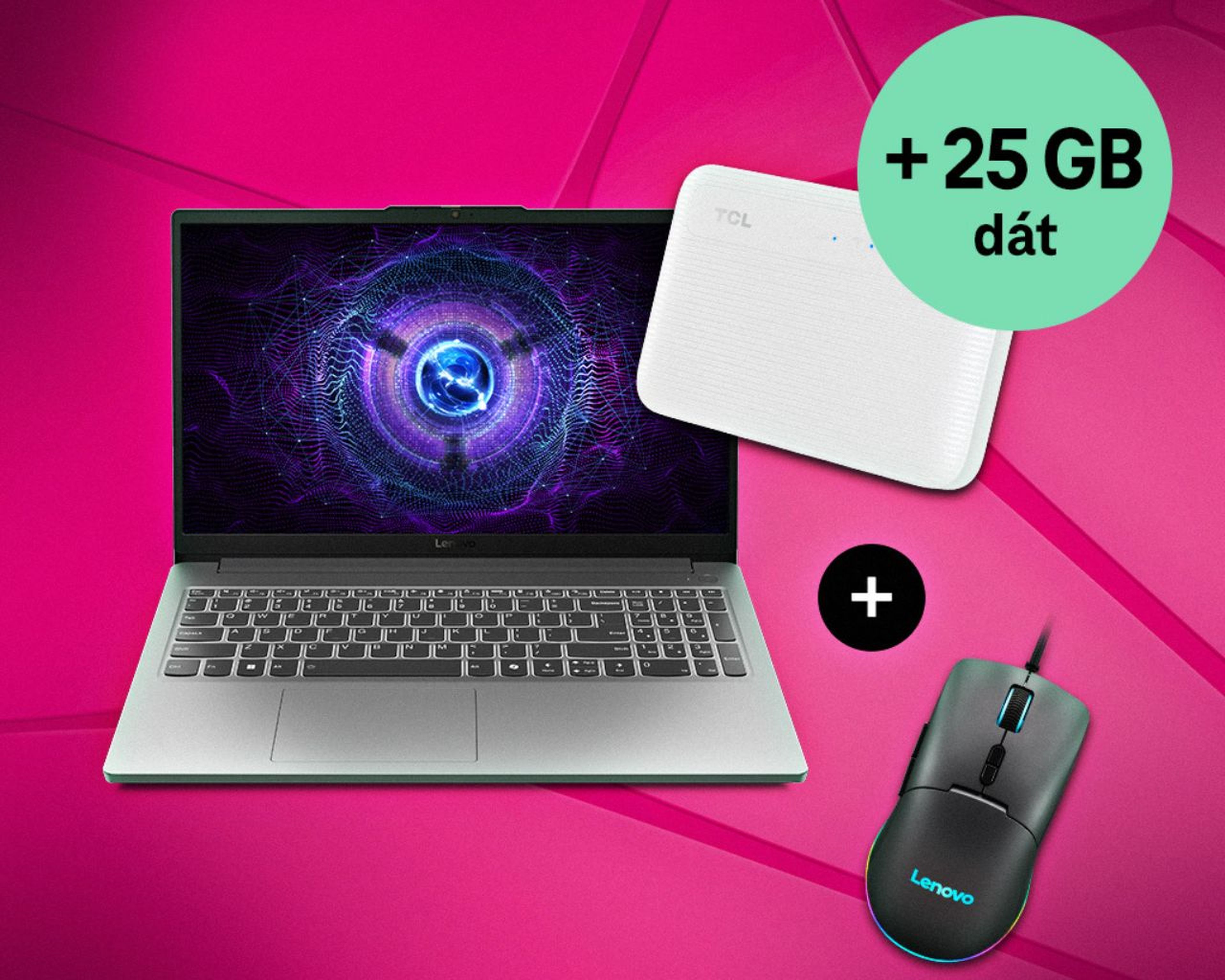 Business Online Notebook Notebook so žiariacou obrazovkou, bielym externým pevným diskom a myšou Lenovo na ružovom pozadí. Text: „+25 GB dát.“