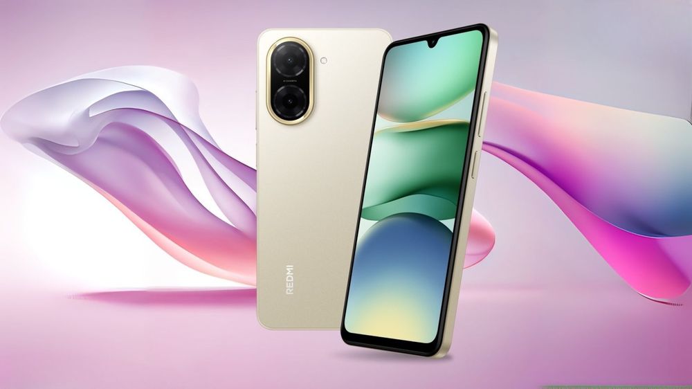 Zlatý smartfón REDMI s duálnymi zadnými fotoaparátmi a farebným displejom na pozadí živého, plynulej abstraktnej grafiky.
