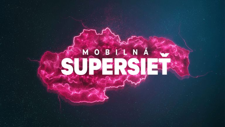 Žiarivý ružový obrys mapy Slovenska s textom „MOBILNÁ SUPERSIEŤ“ tučným bielym písmom na tmavomodrom pozadí.