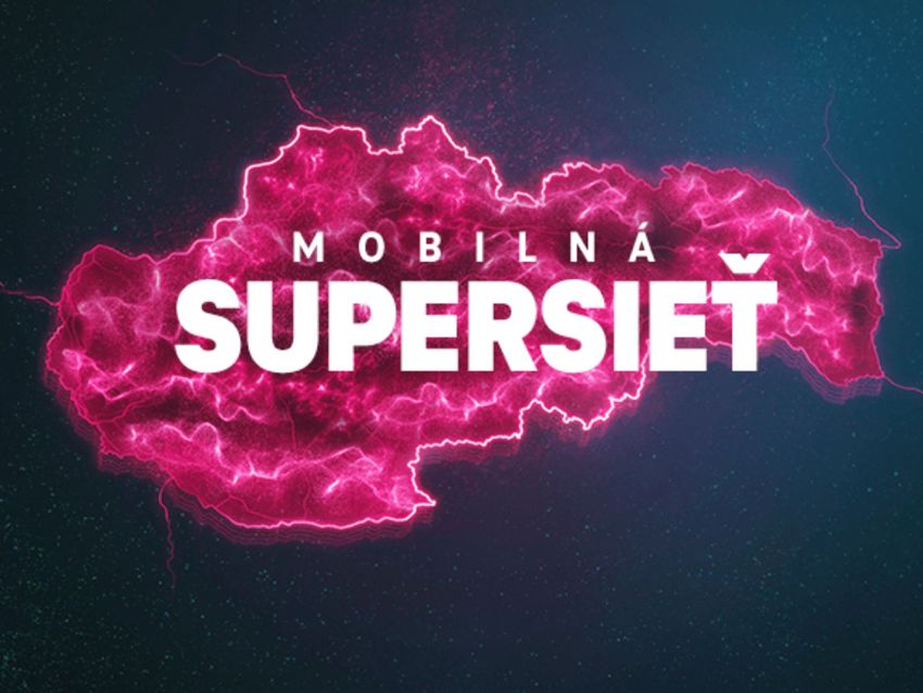 Žiarivý ružový obrys mapy Slovenska s textom „MOBILNÁ SUPERSIEŤ“ tučným bielym písmom na tmavomodrom pozadí.