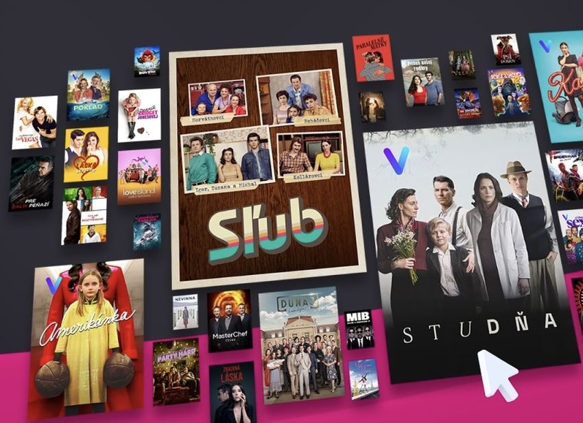Koláž rôznych filmových a televíznych plagátov vrátane výrazného plagátu k seriálu Sľub a Studňa, na ktoré ukazuje kurzor.