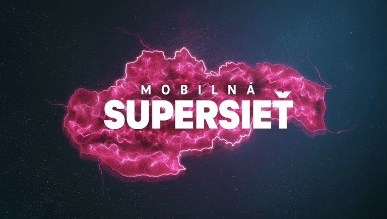 Žiarivý ružový obrys mapy Slovenska s textom „MOBILNÁ SUPERSIEŤ“ tučným bielym písmom na tmavomodrom pozadí.
