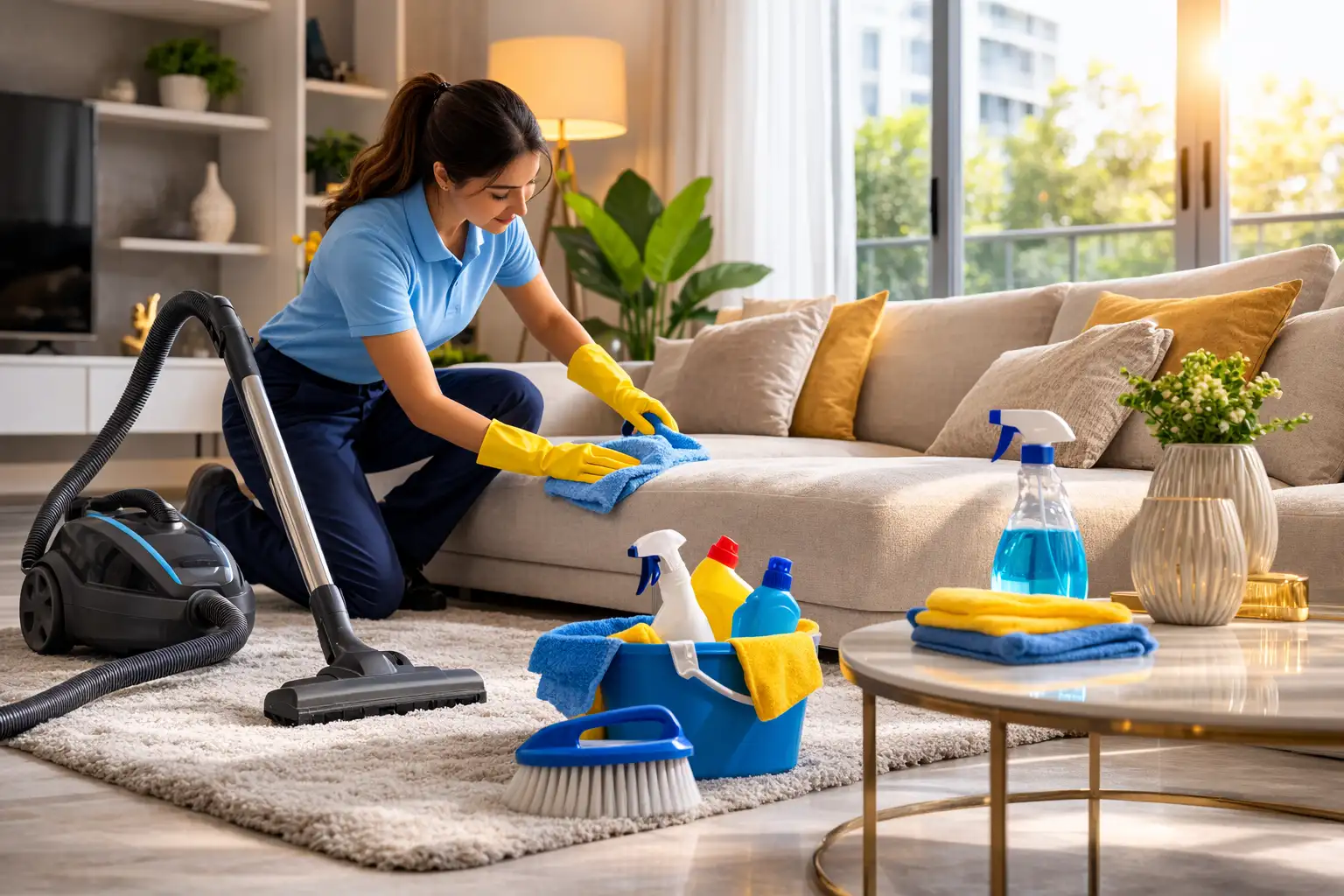Professional cleaner deep-cleaning a bright residential living room