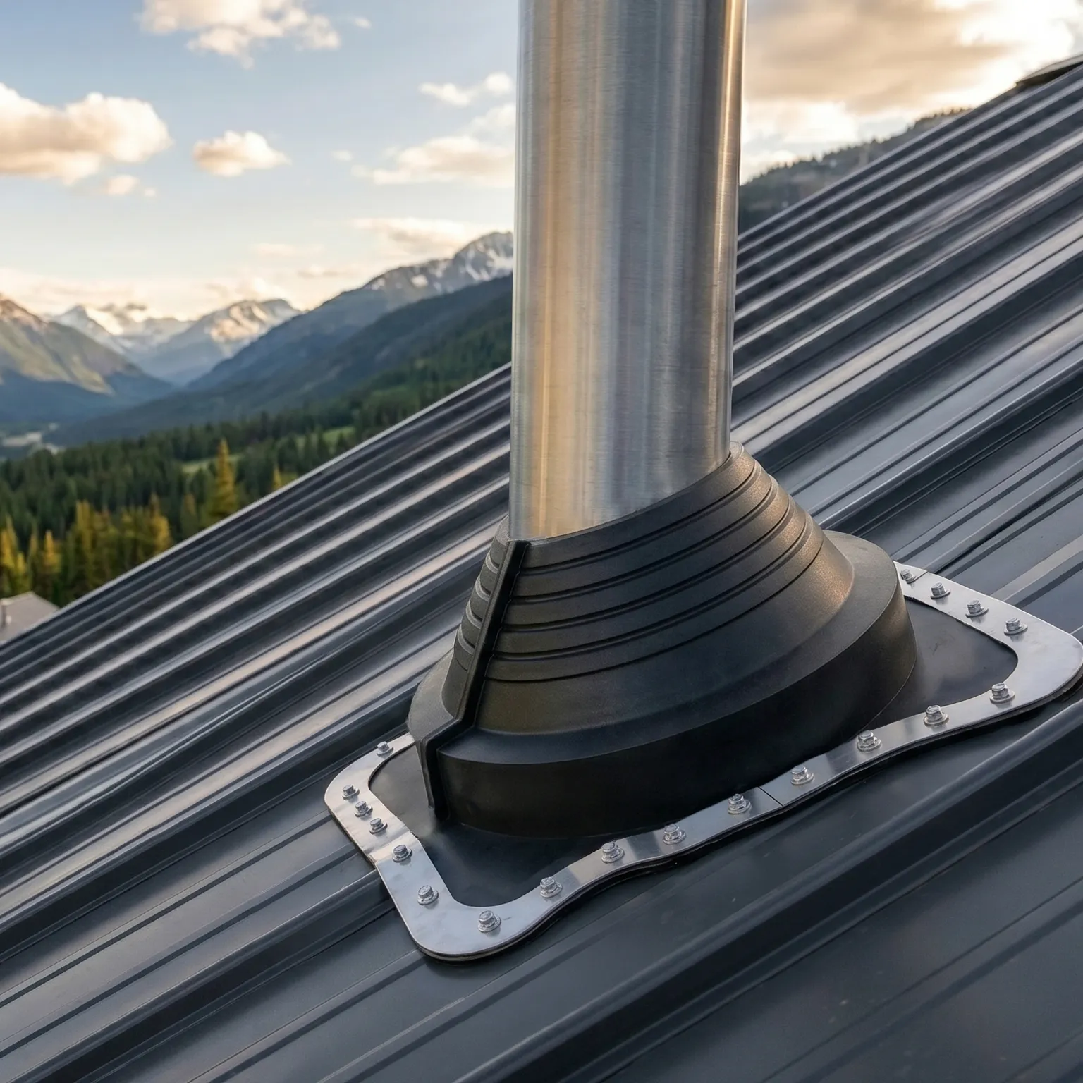 Metal chimney vent on a corrugated metal roof, with scenic mountain and forest landscape in the background under a cloudy sky.