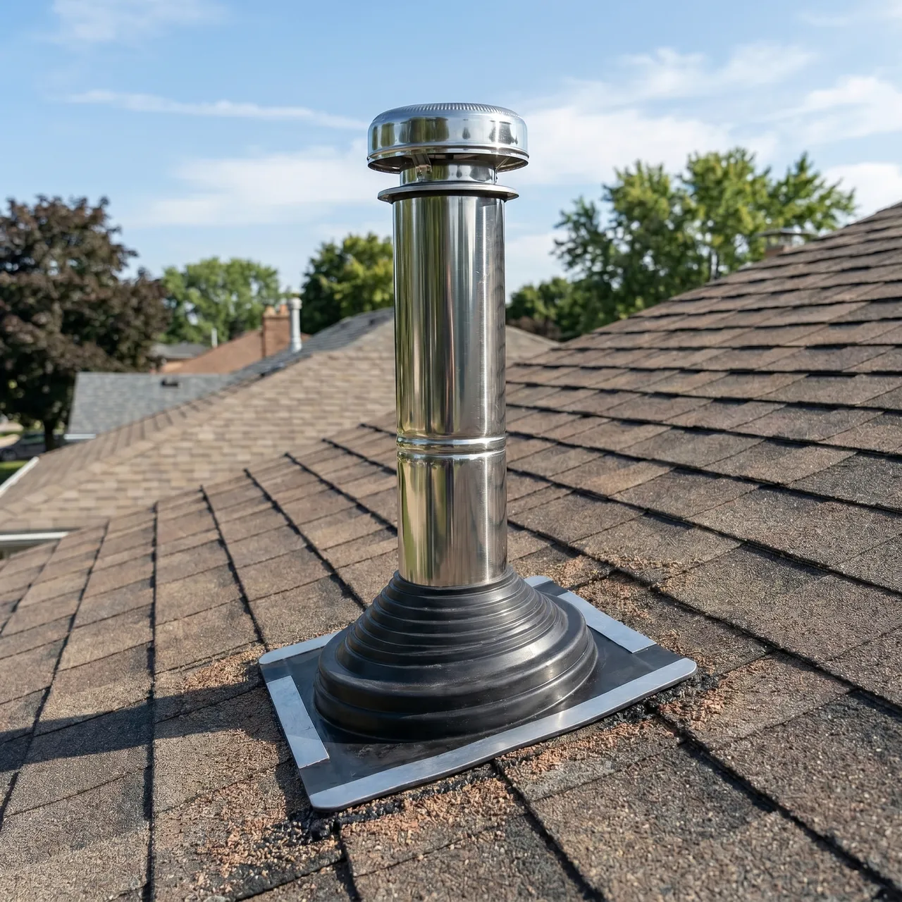 Silver chimney vent on a shingled rooftop under a clear blue sky, surrounded by trees in the background.