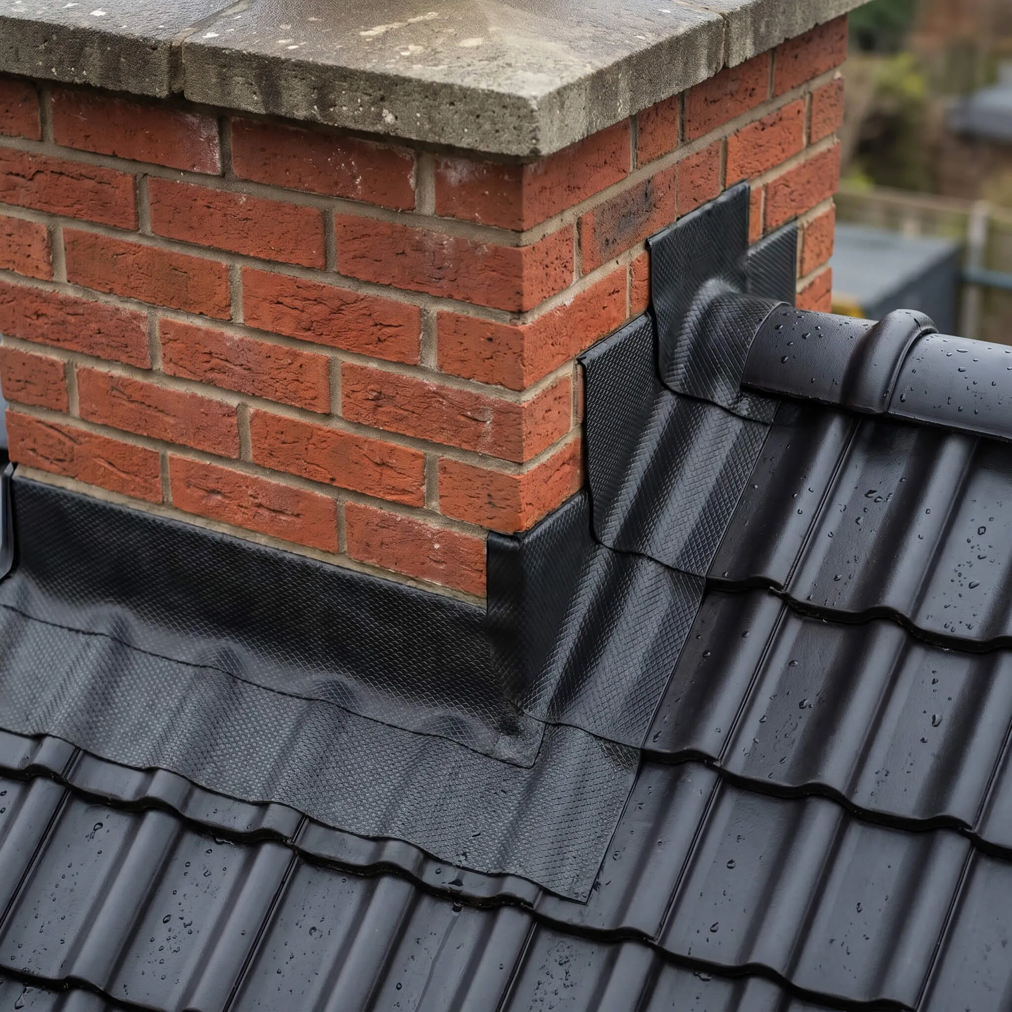 Black roof tiles with water droplets, featuring a red brick chimney with black flashing sealing the joints.