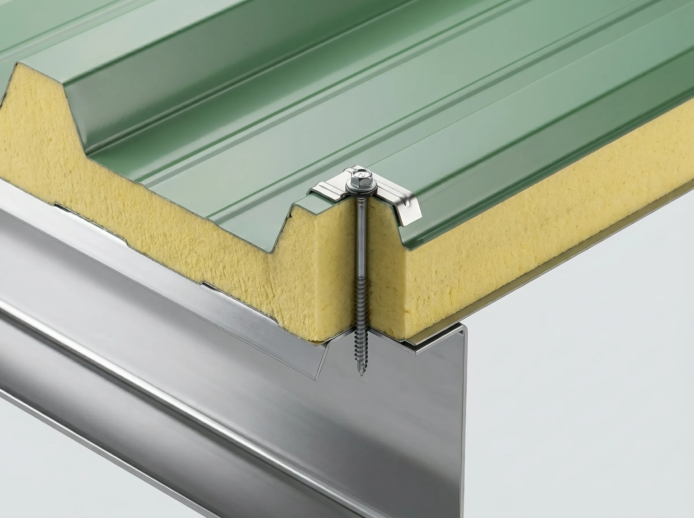 Cross-section of an insulated metal panel with green top layer and yellow insulation, secured by a screw, showing construction details.