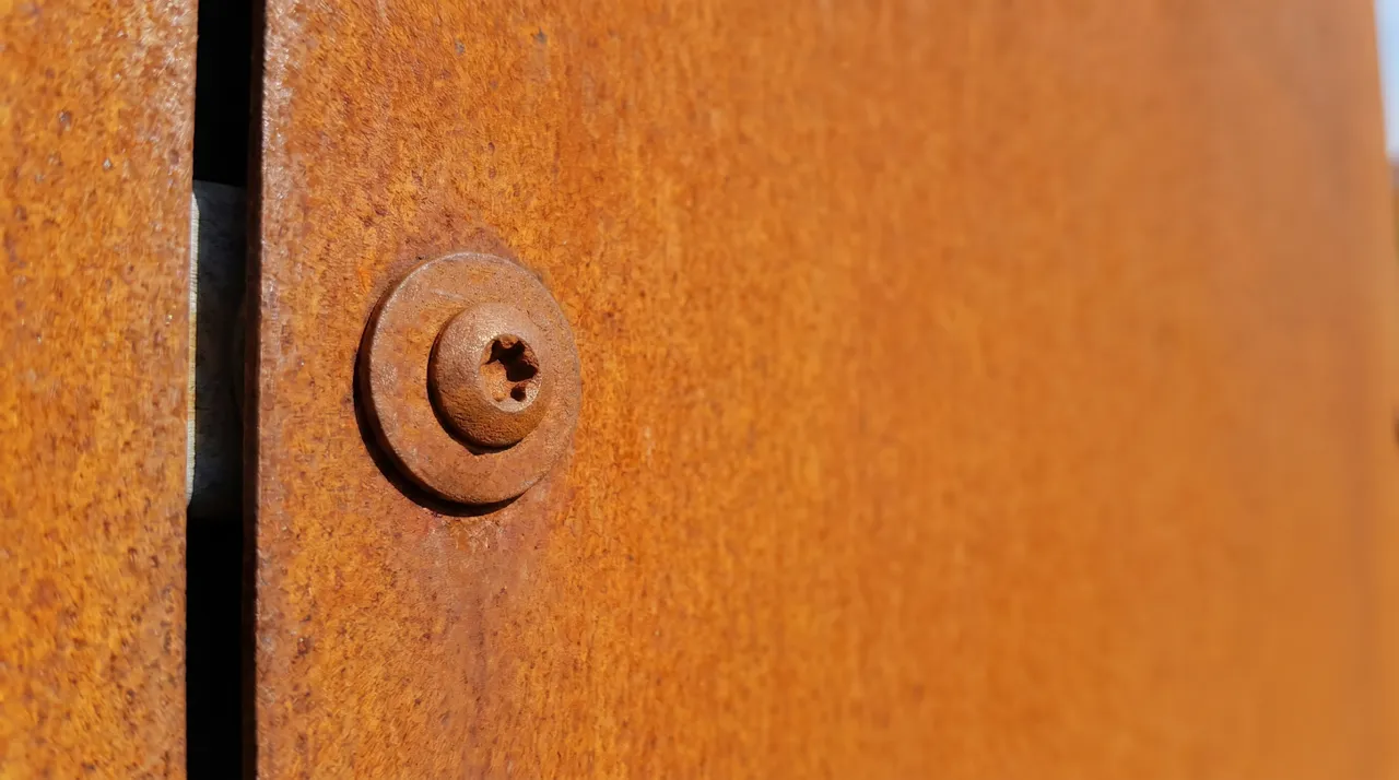Close-up of a rusted screw on a corroded orange metal surface, with visible texture and sunlight highlighting the rust.