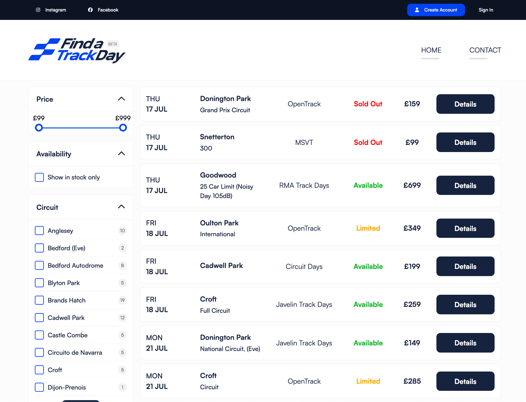 Find a Track Day UI Screenshot
