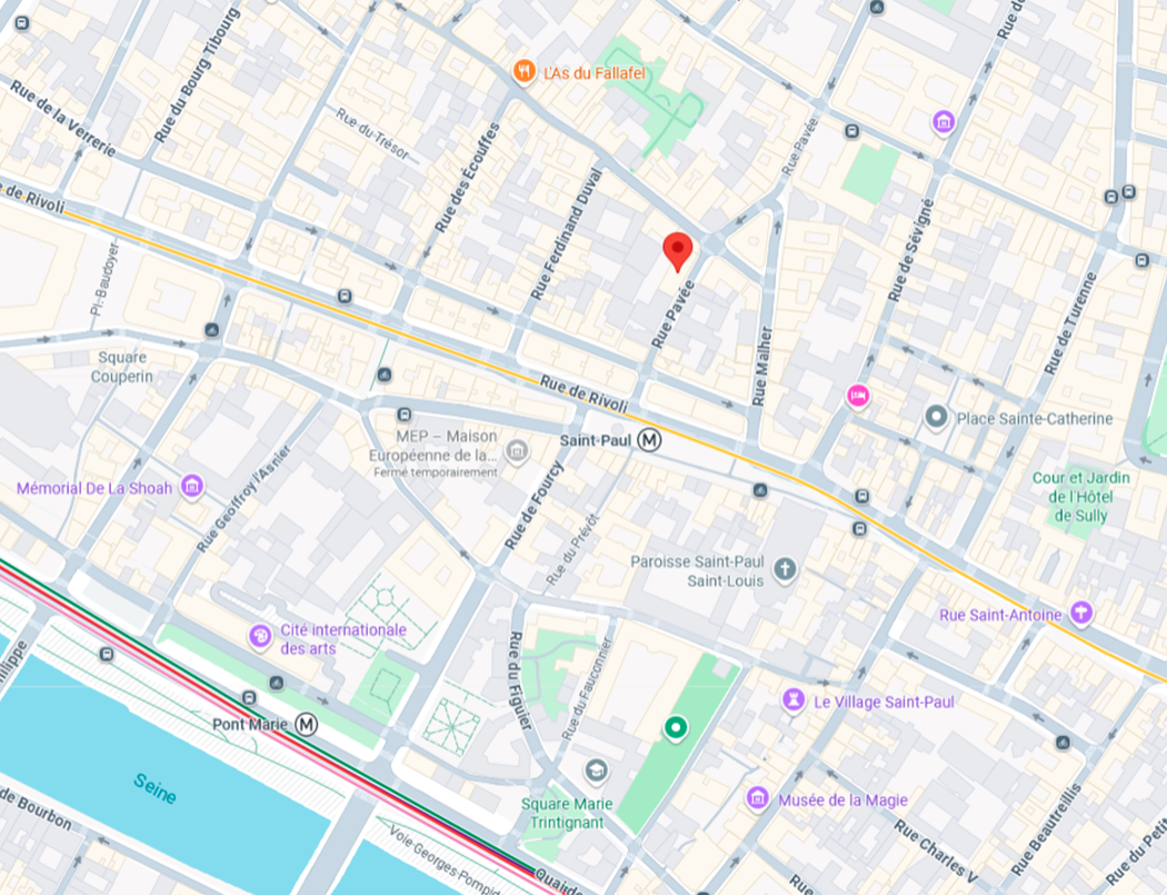 Map view of the Marais district in Paris, highlighting Rue de Rivoli and surrounding streets, with notable locations marked. Caudalie Studio Yoga is pinned