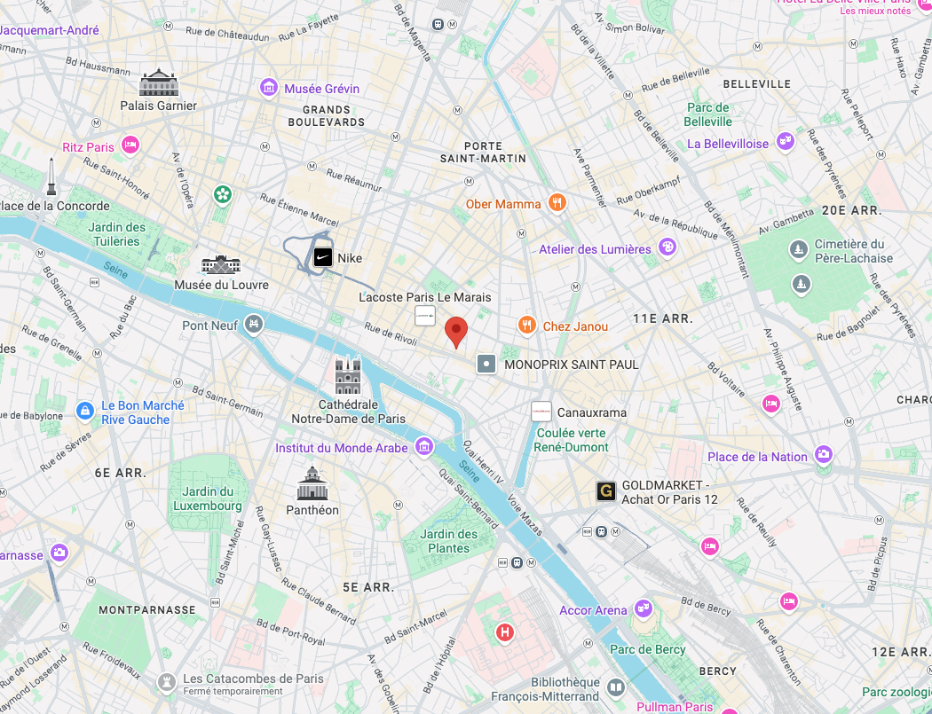 Caudalie Studio Google Maps Map of central Paris highlighting landmarks like the Louvre, Notre-Dame, and various shops and metro stations along the Seine River.