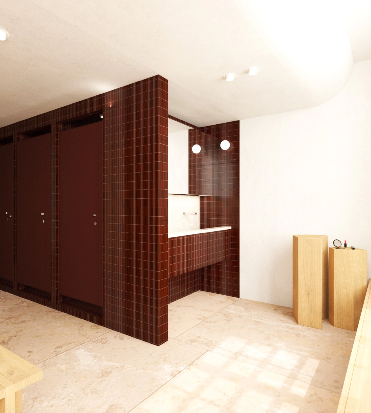 Caudalie Studio Modern restroom with sleek red-tiled walls, white ceiling, minimalist lighting, and a wooden sink area on a beige tiled floor.