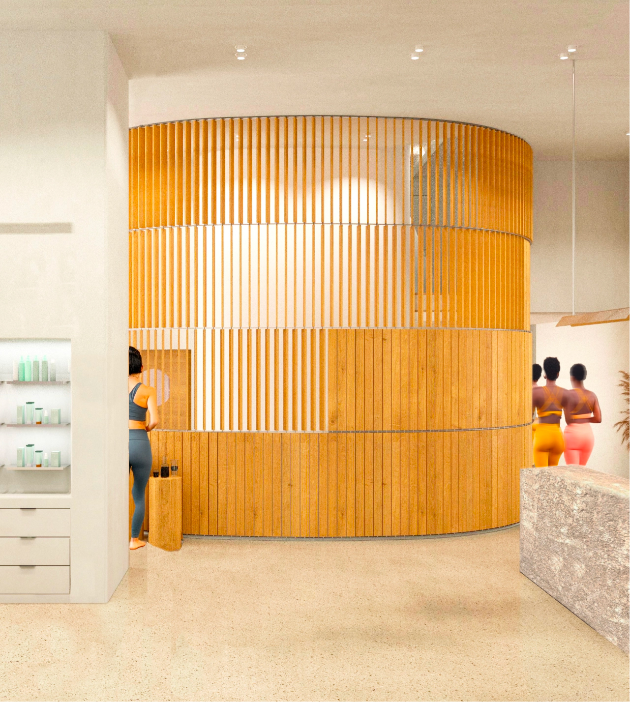 Caudalie Studio A modern spa interior with curved wooden paneling, two women in workout attire at the counter, and shelves displaying products.
