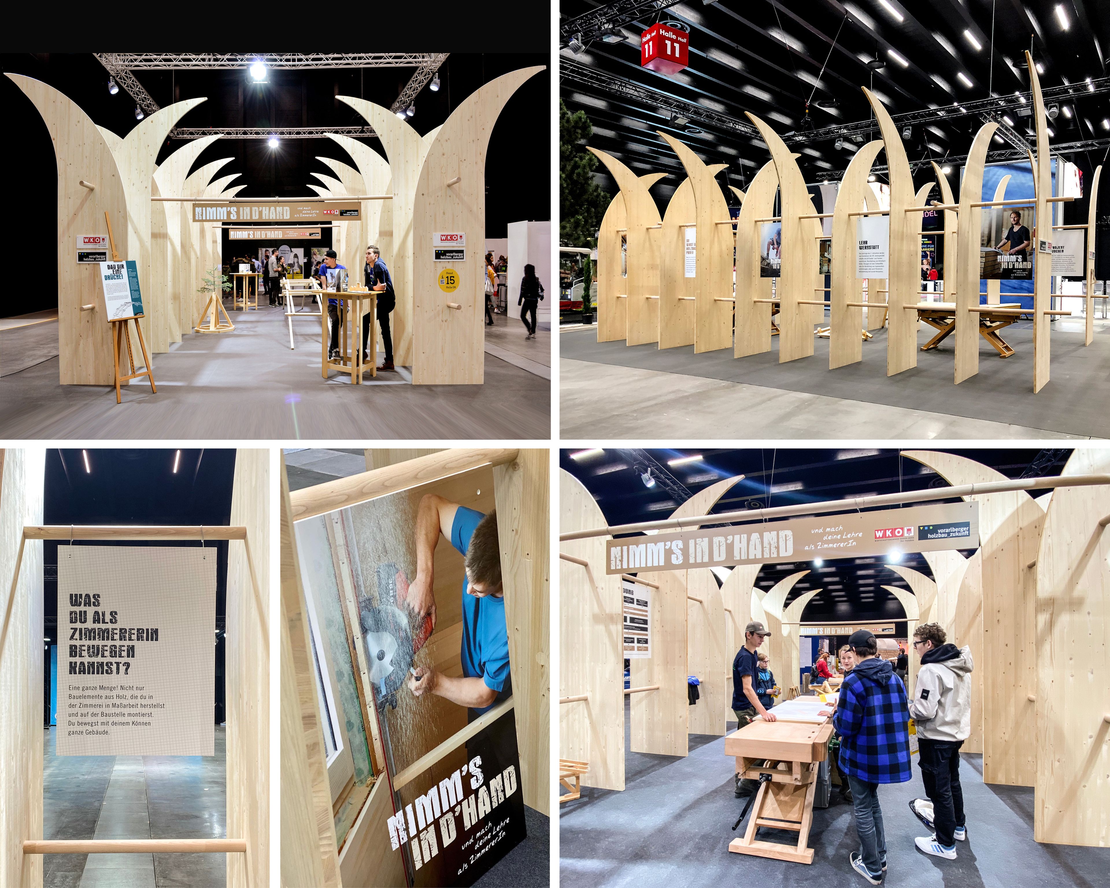 Holz-Messestand mit geschwungenen Paneelen, Informationsplakaten und Besucherinteraktion. Helle Beleuchtung und moderne Designelemente. Vorarlberger holzbau_zukunft - WKO Innung Holzbau