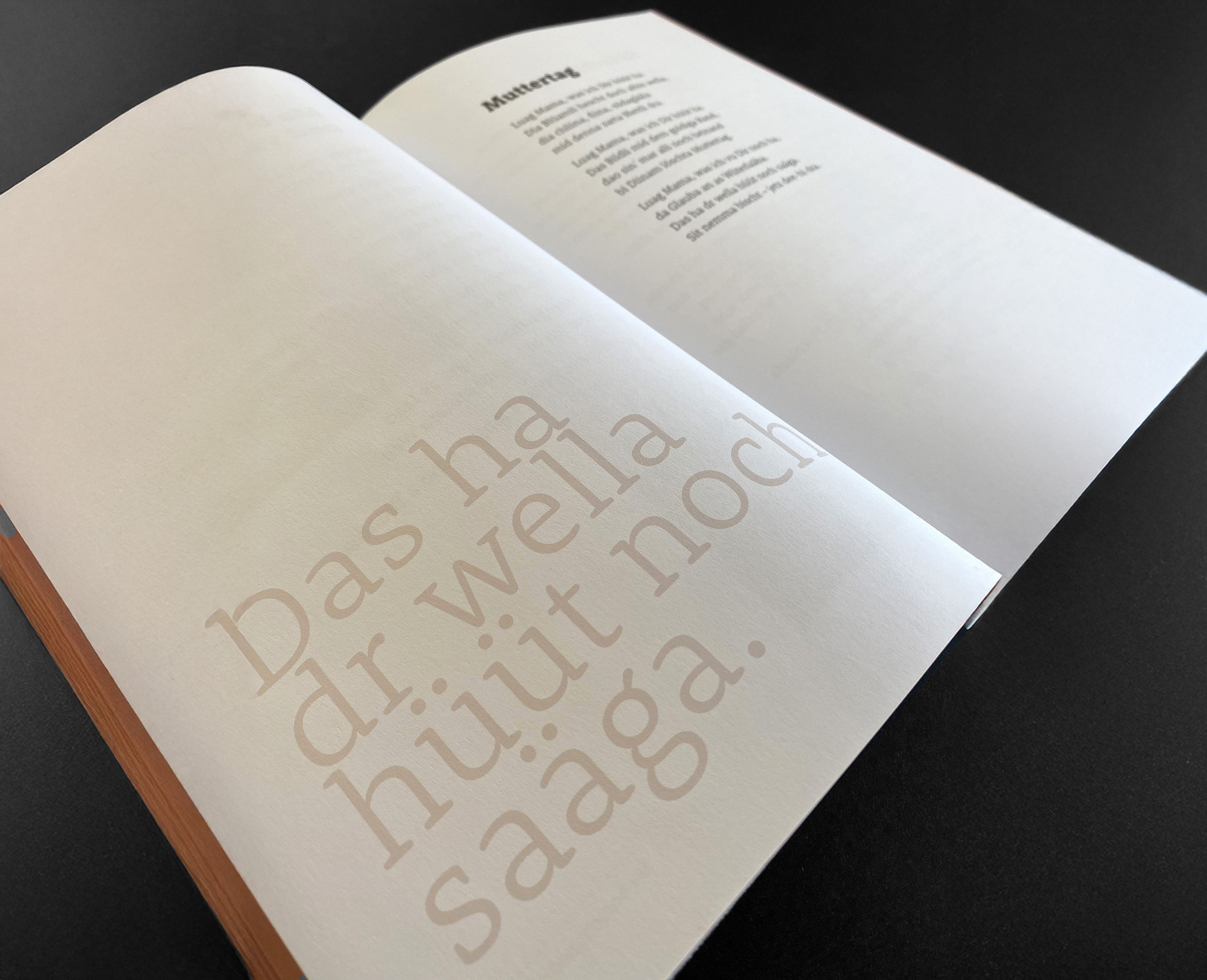 Ein offenes Buch liegt auf einer dunklen Oberfläche. Die Seiten zeigen deutschen Text. Auf einer Seite ist der Text groß und hell, auf der anderen Seite kleiner und dunkler. Ölz GrafikDesign Buchgestaltung.