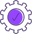 Purple checkmark inside a gear icon, symbolizing configuration success or process completion, on a transparent background.