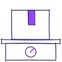 A simple illustration of a box with a purple label on top, sitting on a weighing scale.