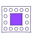 A purple square inside a larger black square, with evenly spaced black dots forming a border around the inner square.