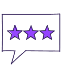 Speech bubble with three purple stars inside.