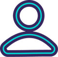 Simple icon of a person outlined with purple and cyan lines on a transparent background.