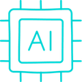 Icon of a microchip with "AI" in the center, outlined in turquoise, symbolizing artificial intelligence technology.
