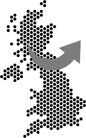 UK map with arrow pointing outwards and up