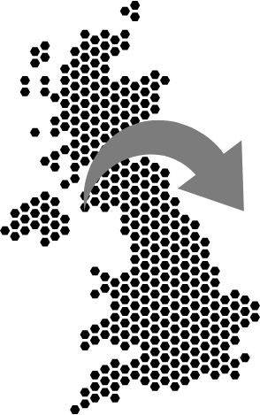 UK map with arrow pointing outwards and down