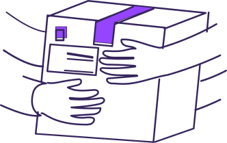Illustration of hands wrapping around a box with a purple stripe, symbolizing protection or delivery.