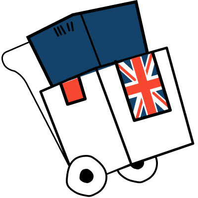 Illustration of a bowler hat with a blue book and a British flag.