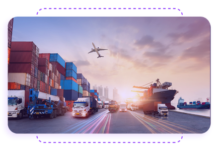 Cargo logistics scene with stacked shipping containers, trucks, a cargo ship, and a plane flying overhead at sunset.