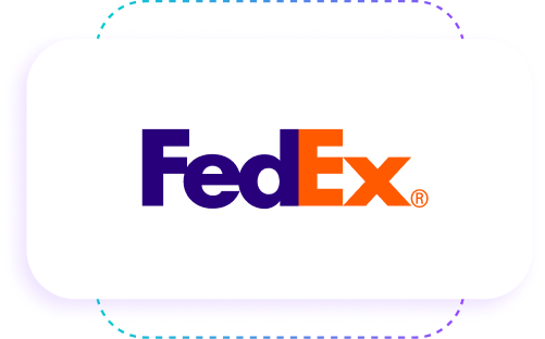 FedEx logo with "Fed" in purple and "Ex" in orange on a white background with a purple border.