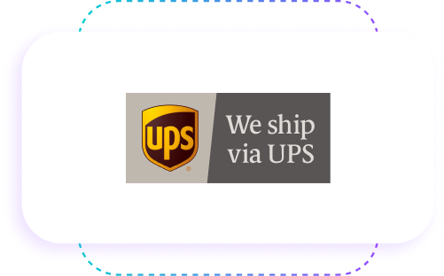 UPS logo with the text "We ship via UPS" on a white background with a purple border.
