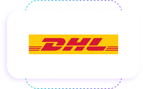 DHL logo featuring bold red letters on a yellow background with red lines.