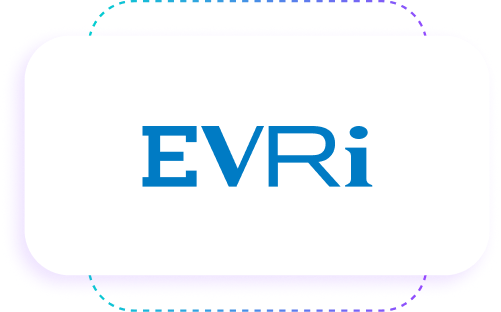 The image shows the text "EVRi" in blue capital letters with a stylized "i", on a white background with a purple border.