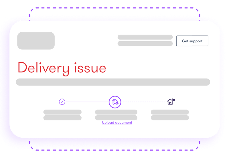 Web interface showing "Delivery issue" with a progress bar, icons, blurred text, and a "Get support" button.