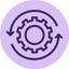 A gear with surrounding circular arrows on a purple circular background, symbolizing process automation or system integration.