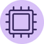 Icon of a microchip with a purple background and dark lines, representing technology and computing.