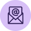 Icon of an envelope with an "@" symbol in the center, on a purple circular background.