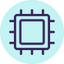Icon of a processor chip with dark outlines on a turquoise round background, representing computing technology.