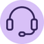 Icon of a purple headset with a microphone on a circular lavender background.